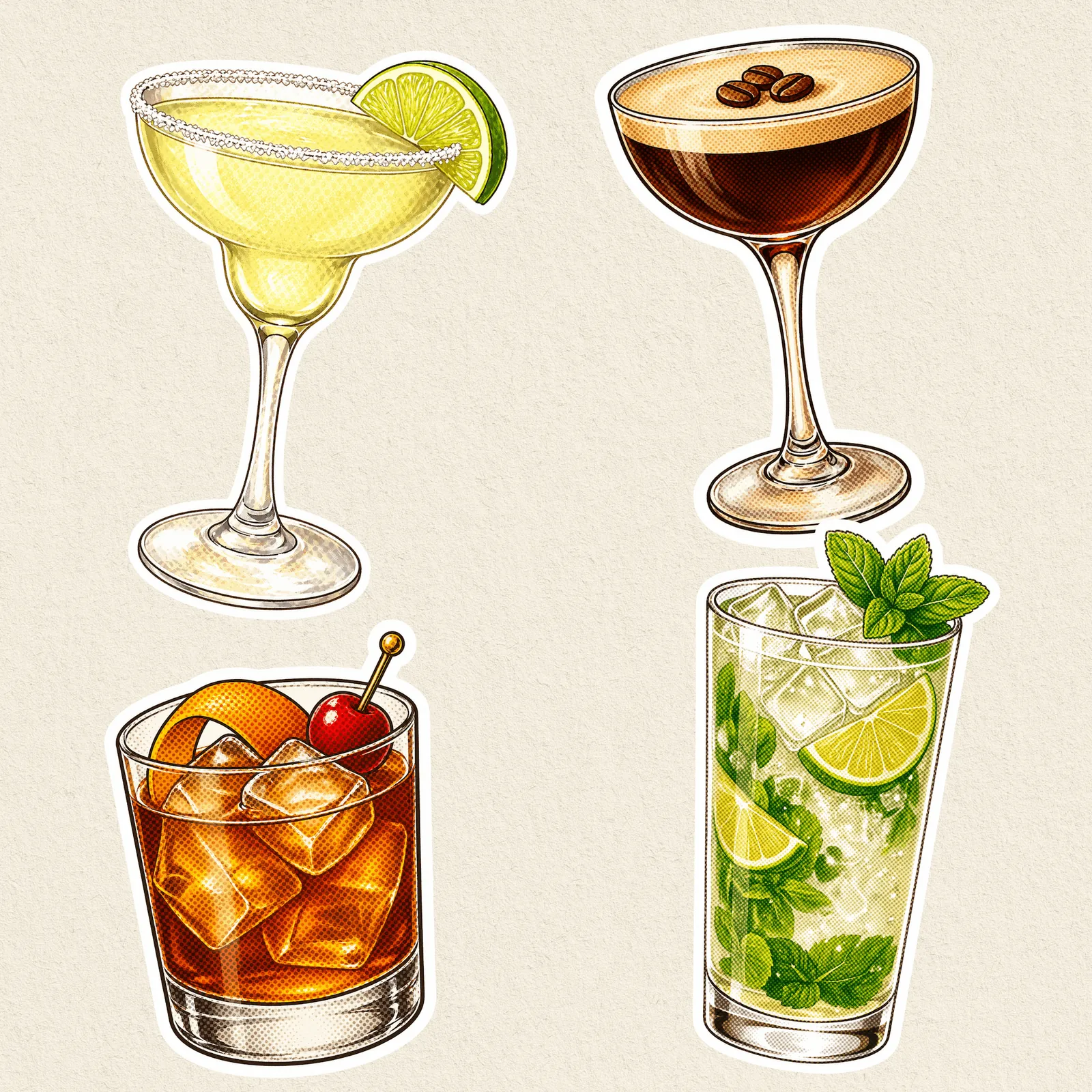 Illustration of four classic cocktails including a margarita, espresso martini, old fashioned, and mojito.