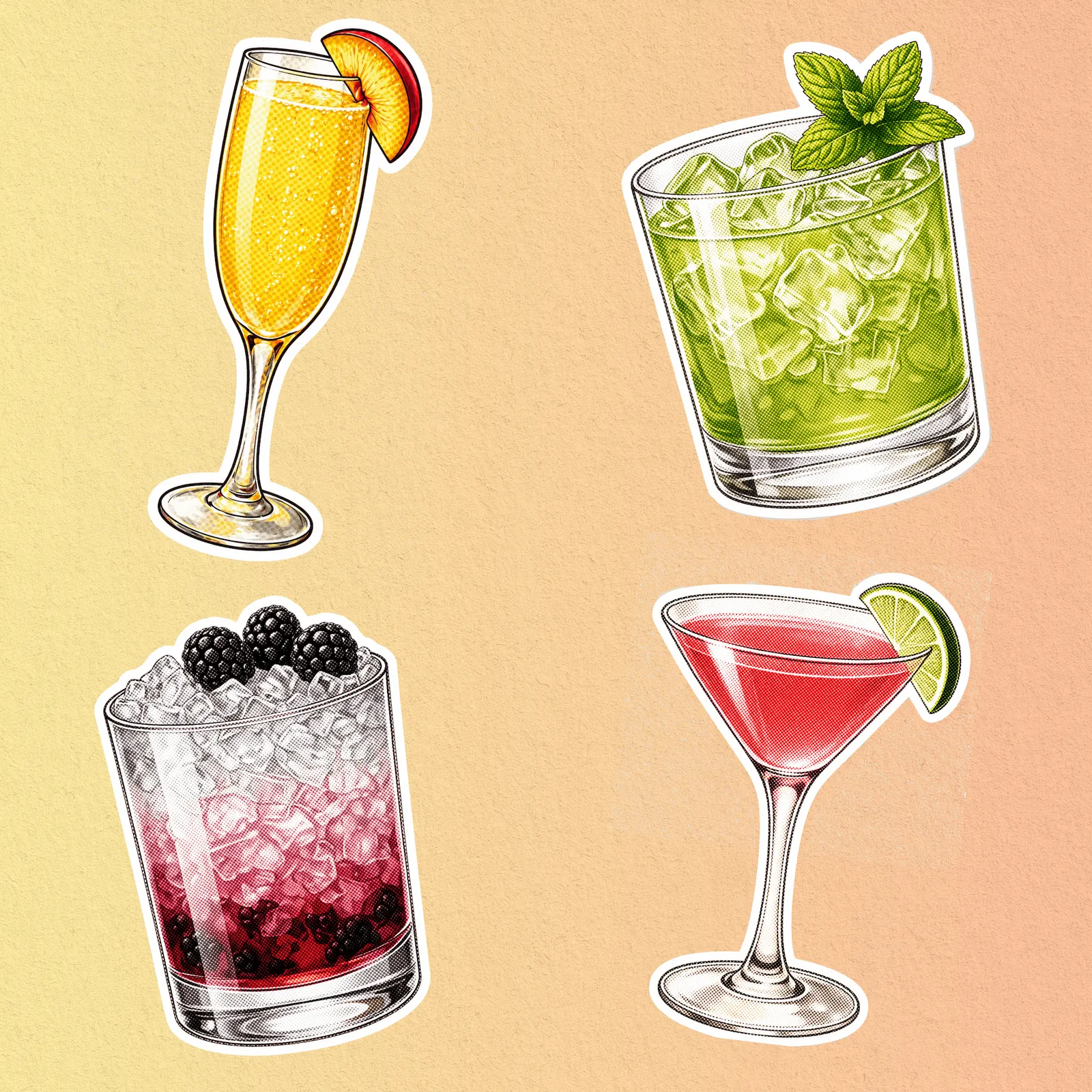 Illustration of colorful beginner-friendly cocktails including a Bellini, Gin Basil Smash, Bramble, and Cosmopolitan with fruit, mint, ice, and bright pastel styling.