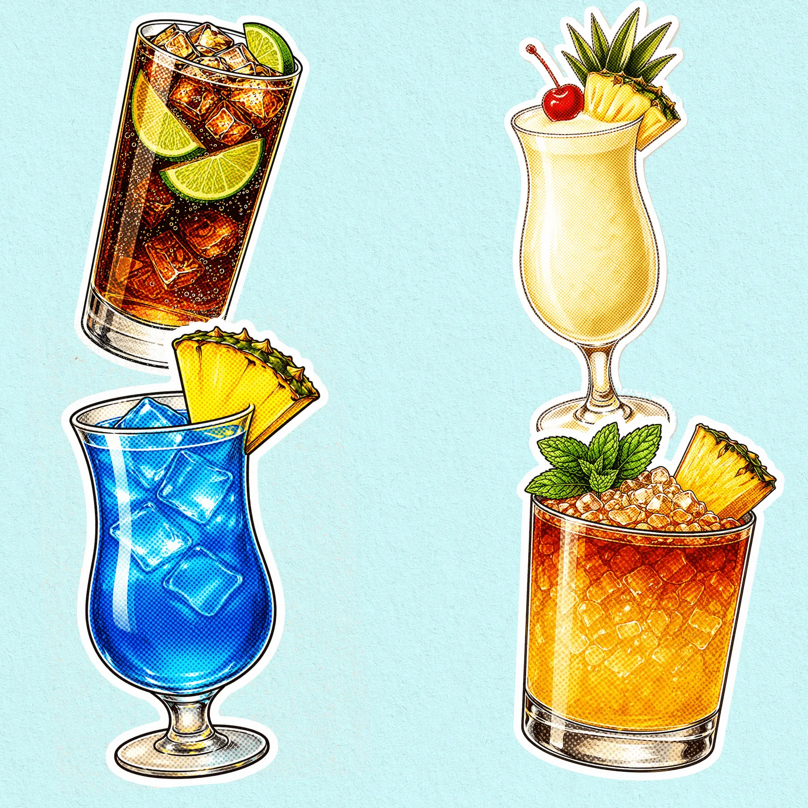Illustration of colorful summer cocktails with tropical garnishes, citrus, pineapple, mint, crushed ice, and bright warm-weather styling.