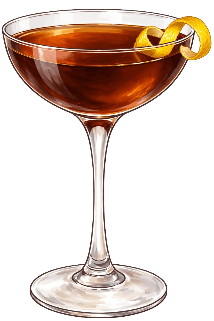 Perfect Manhattan dark red cocktail, garnished with Lemon Twist