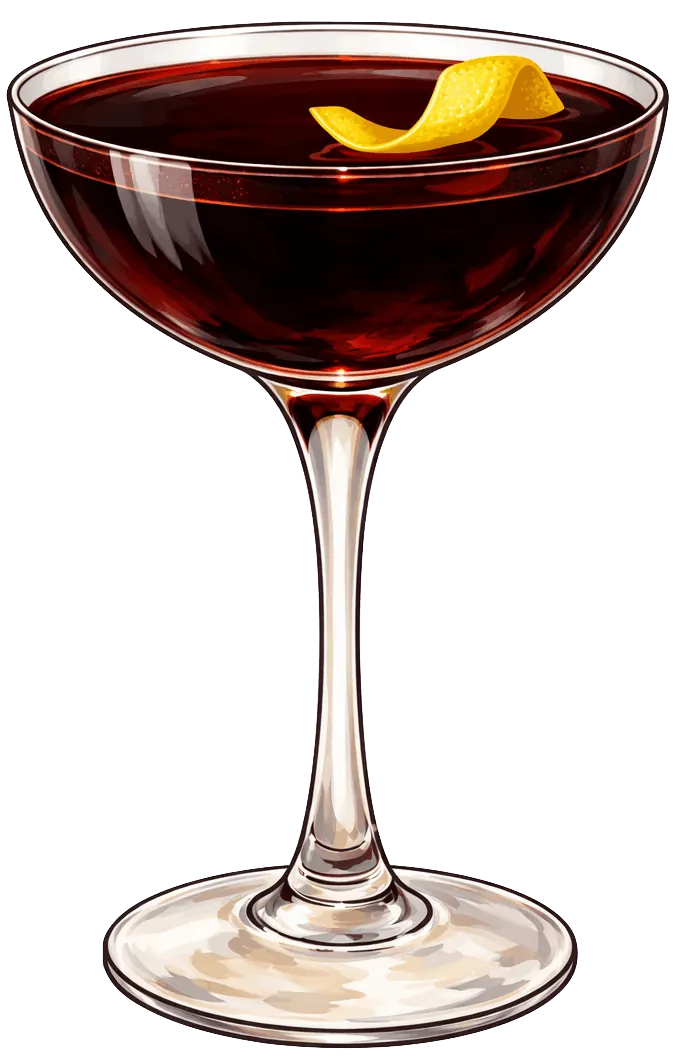 Ping-Pong Cocktail dark red cocktail, garnished with Lemon Twist