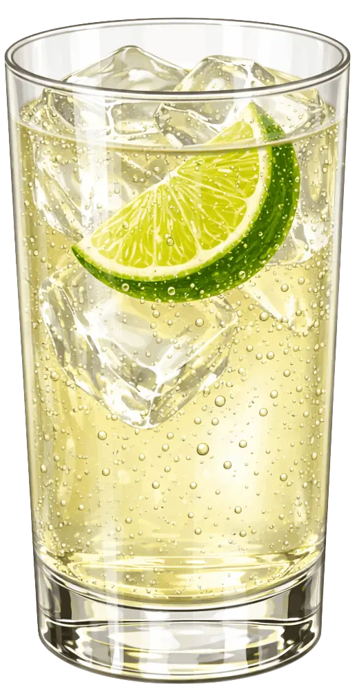 Presbyterian light yellow cocktail, garnished with Lime Wedge