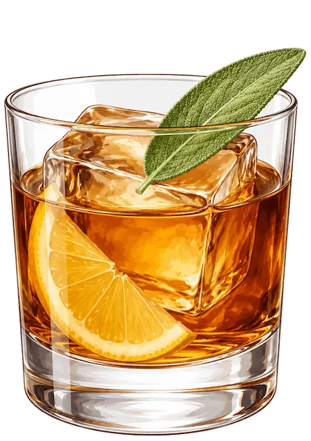 Why Not dark yellow cocktail, garnished with Sage Leaf and Lemon Wedge